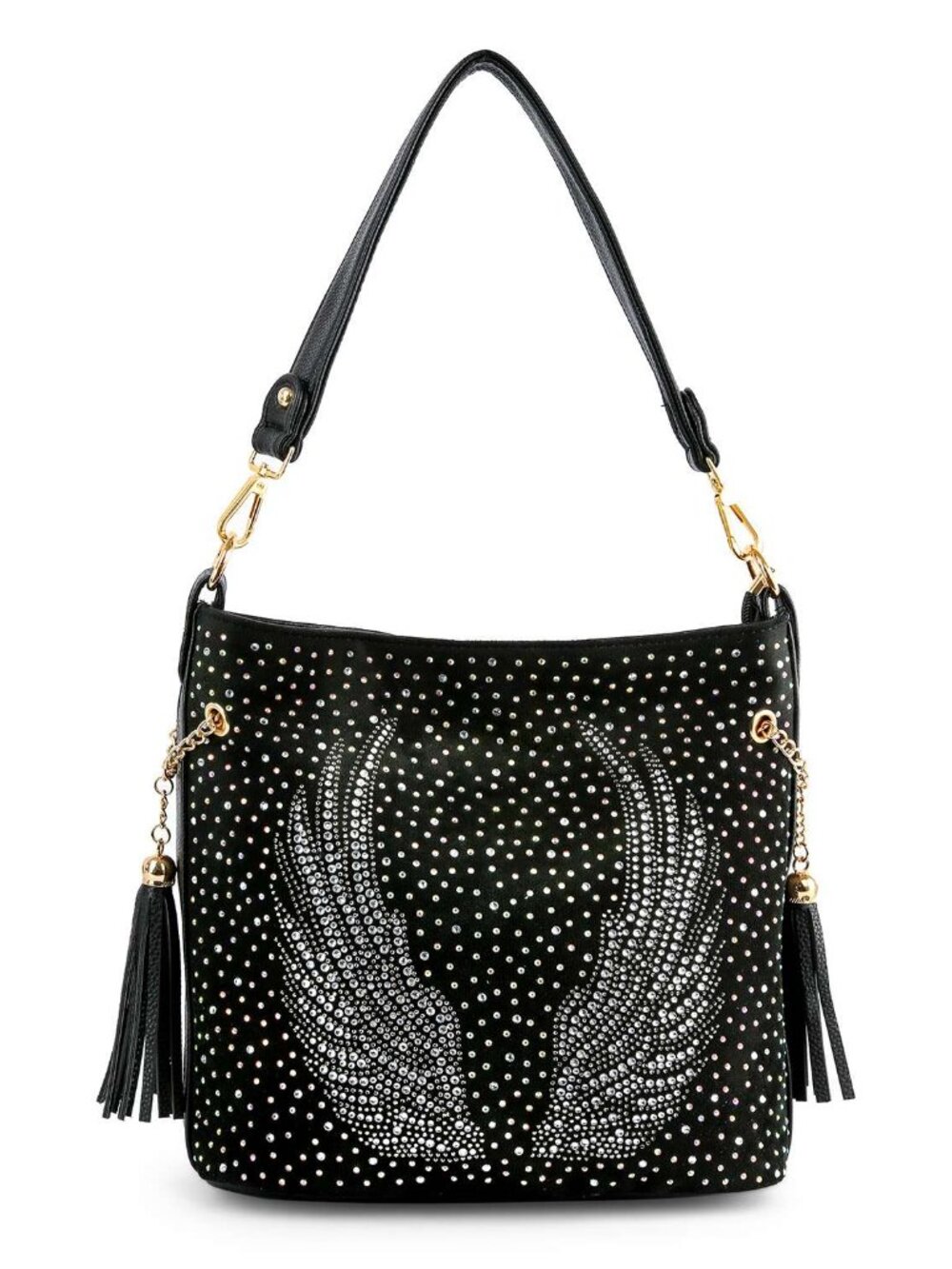 Black Faux Leather Rhinestone Wings Hobo Bag with Tassels & Gold Hardware